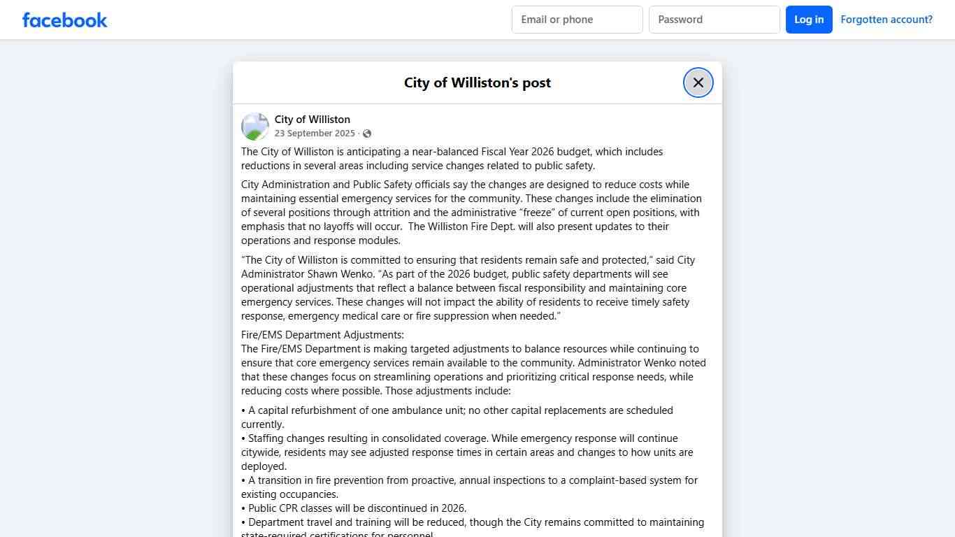 The City of Williston is anticipating... - City of Williston Facebook