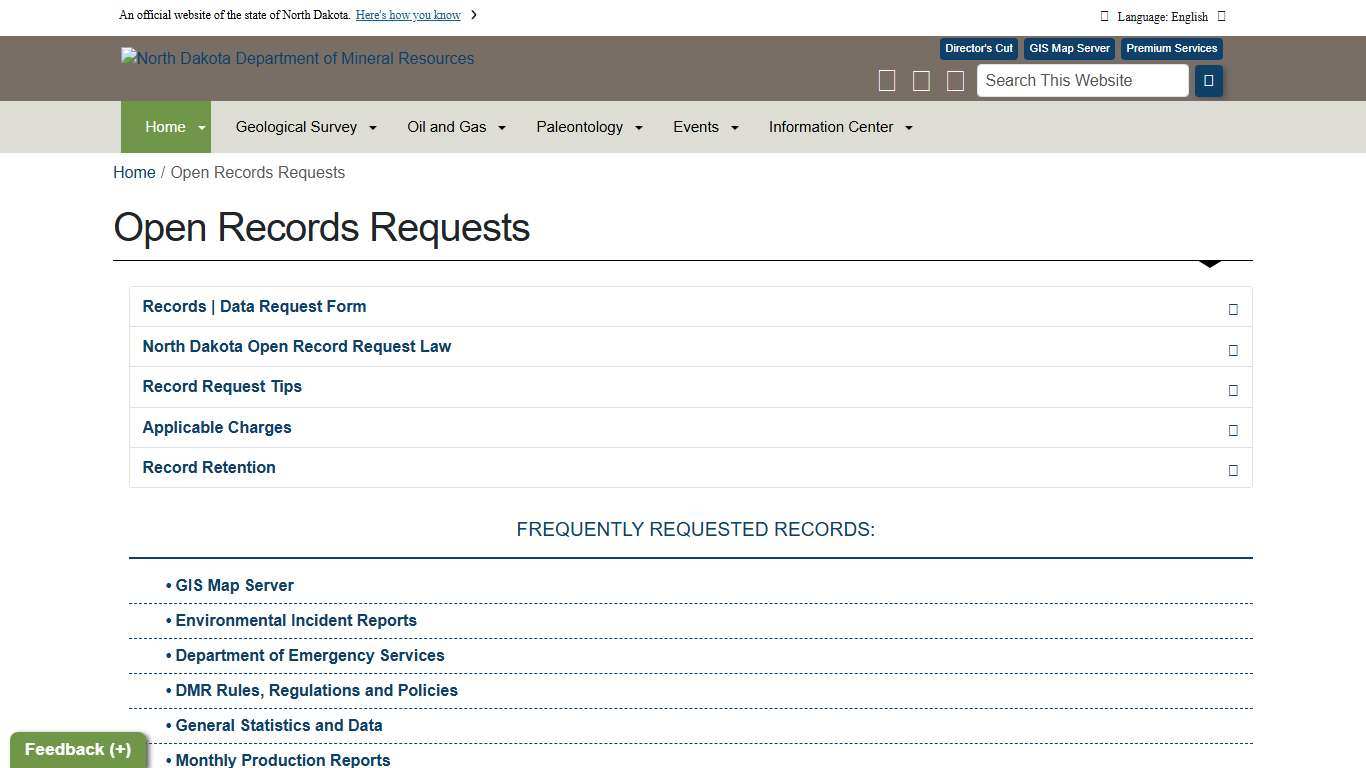 Open Records Requests Department of Mineral Resources, North Dakota